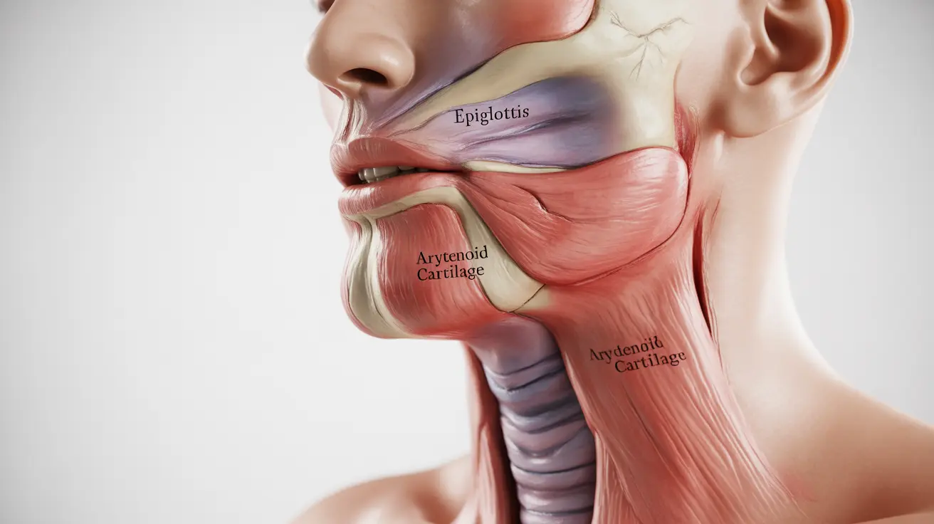 Detailed anatomical illustration of the human larynx and vocal cords, highlighting inflammation and irritation, with clear labels for major structures, set against a clean white background.