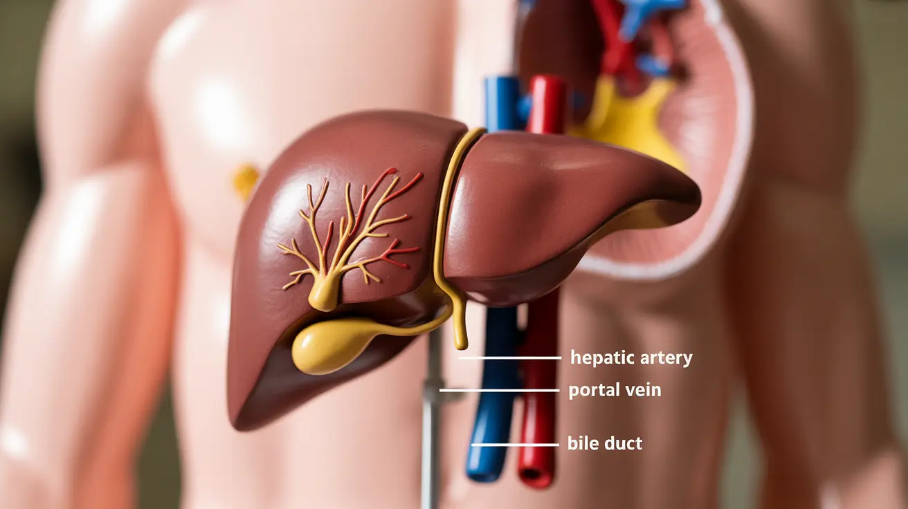 Detailed illustration showing human liver, bile ducts, and digestive tract connections, labeled anatomical parts, educational
