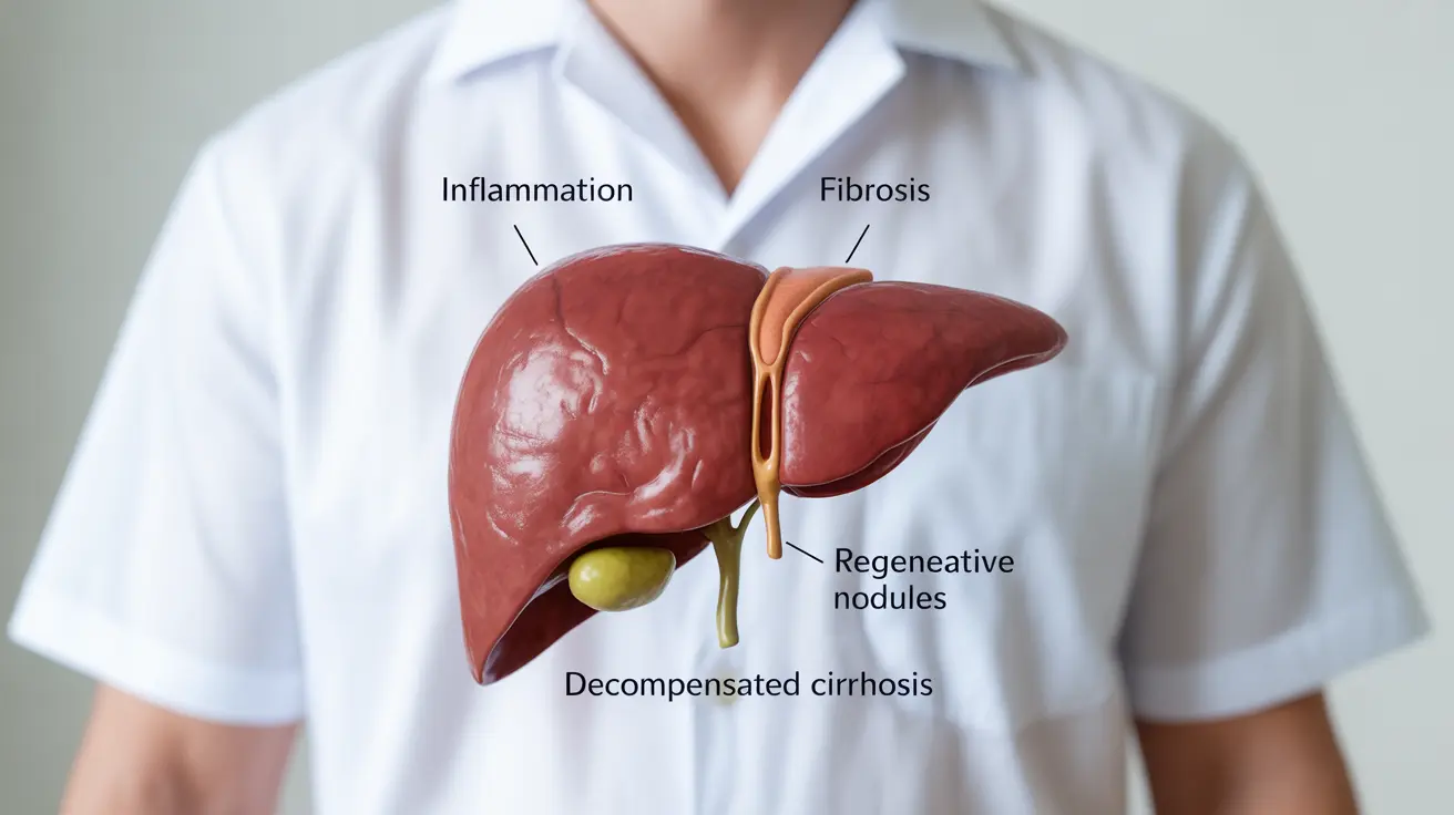 Detailed illustration of a human liver, segmented to show the four stages of cirrhosis from inflammation to decompensated cirrhosis, each stage clearly labelled with descriptions, set against a clean, bright clinical background.