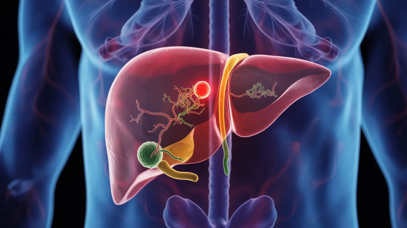 Detailed illustration of the human liver processing cocaine and alcohol, showcasing toxic effects on the body against an abstract background