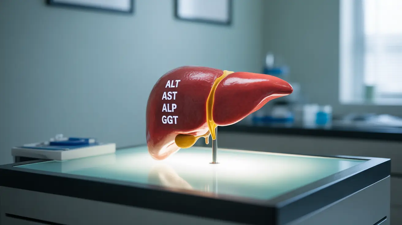 Detailed illustration of a human liver showing elevated enzyme levels, labeled with ALT, AST, ALP, GGT, under bright clinical lighting.