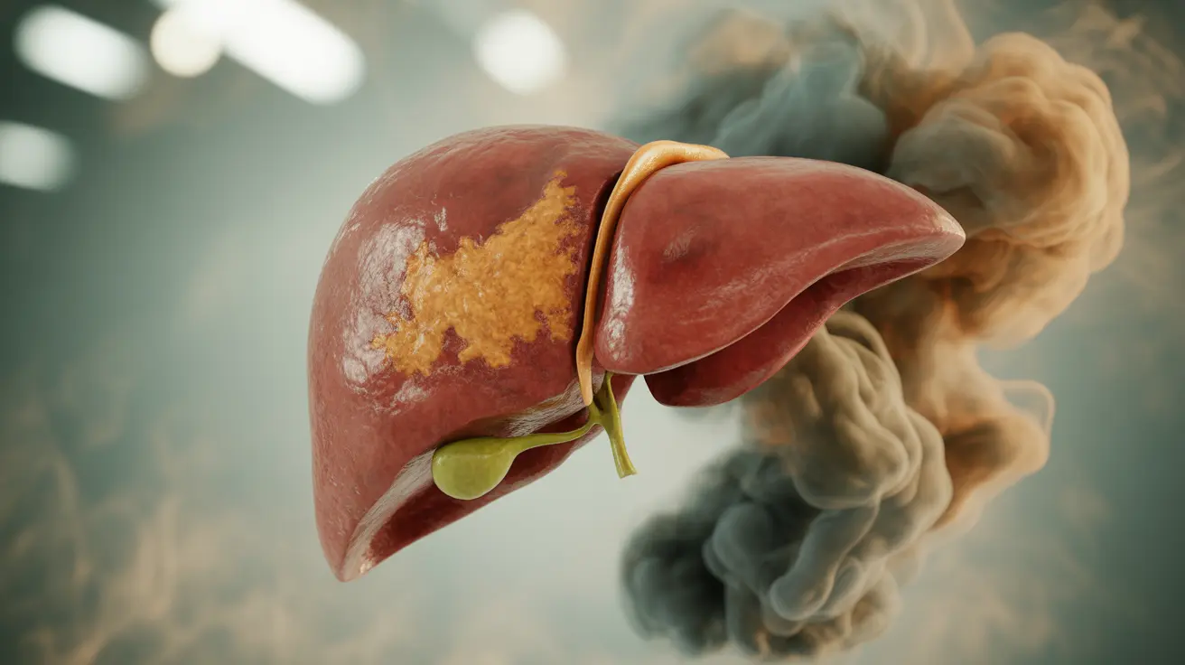 Detailed illustration of a human liver showing inflammation and damage from smoking, with an abstract background representing tobacco toxins in soft, contrasting colors.