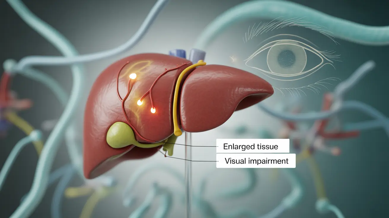 Detailed illustration of a human liver with visual indicators of vitamin A toxicity, showcasing symptoms like blurred vision and liver enlargement, set against an abstract background.