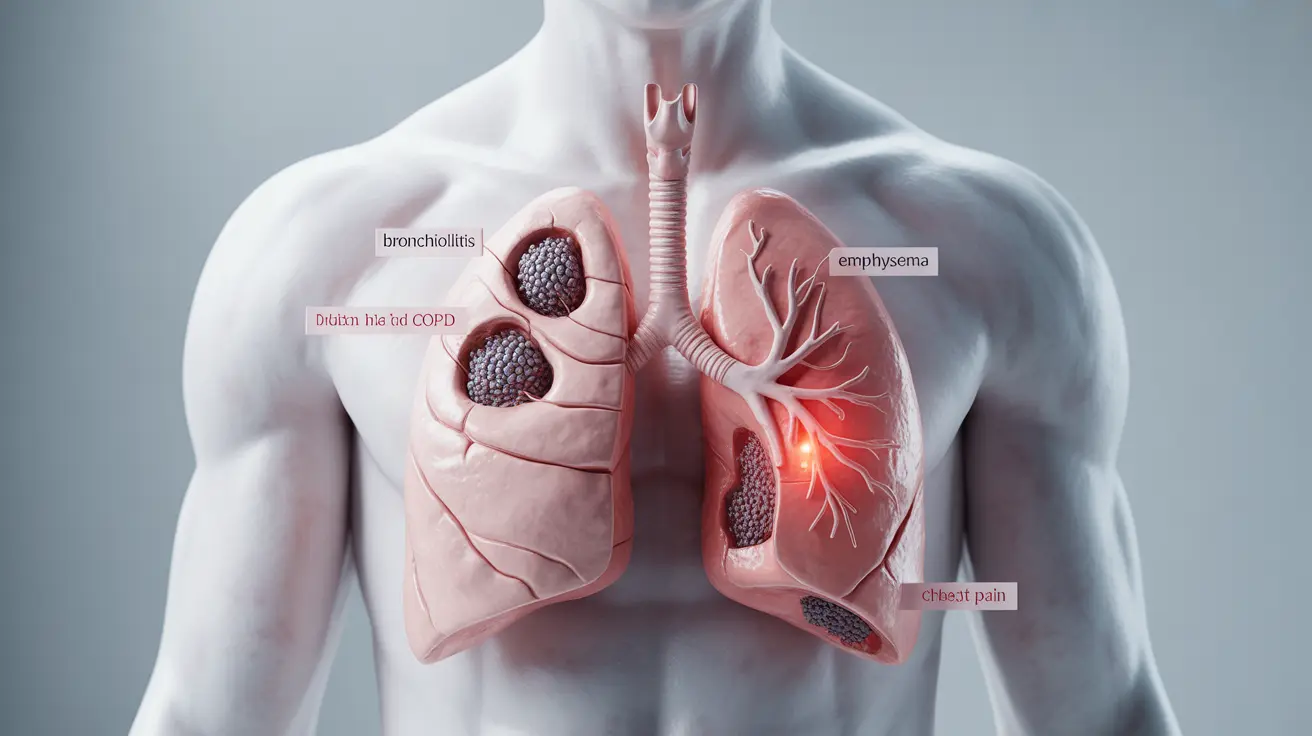 Detailed anatomical illustration of the human lungs, showcasing trapped air, inflammation of airways, and muscle strain in a clinical setting.