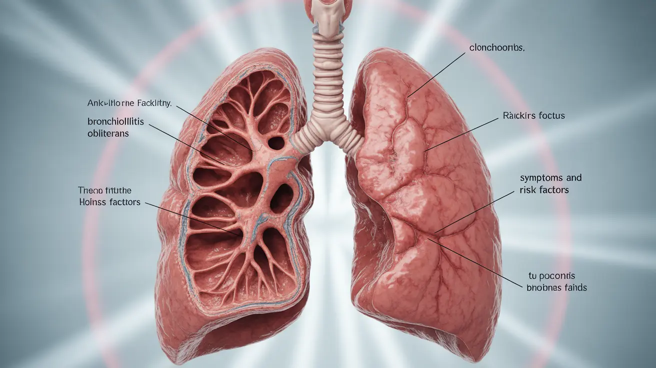 Detailed illustration of human lungs showing bronchiolitis obliterans, highlighting damaged small airways, informative and educational feel, bright clinical background, clear labels identifying symptoms and risk factors.
