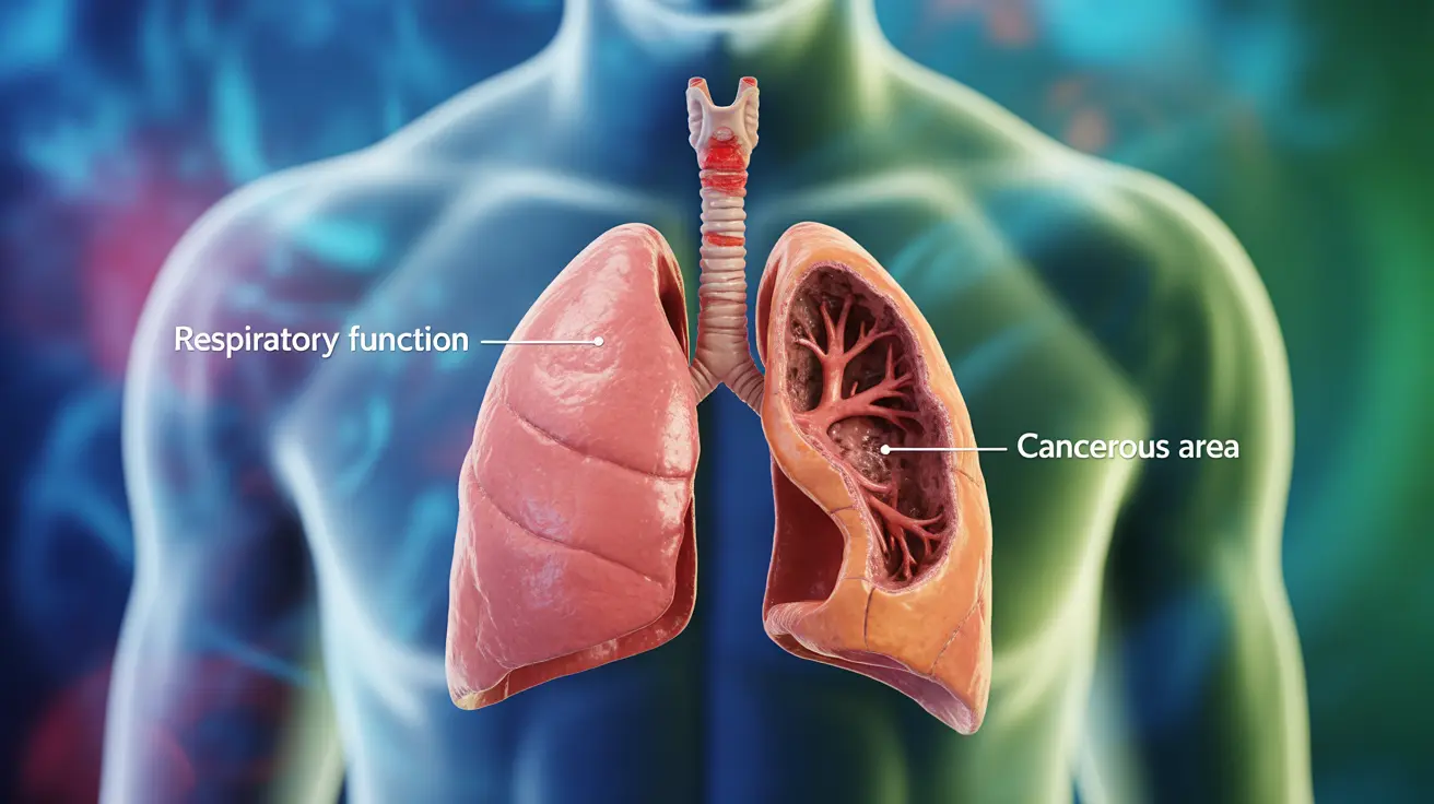 Detailed illustration of human lungs showing cancerous areas impacting respiratory function, set against a soft, abstract medical-themed background; labeled structures to enhance understanding.