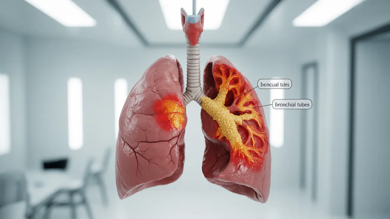 Detailed illustration of human lungs highlighting inflammation and thick mucus buildup, set against a neutral clinical background with labels for bronchial tubes.