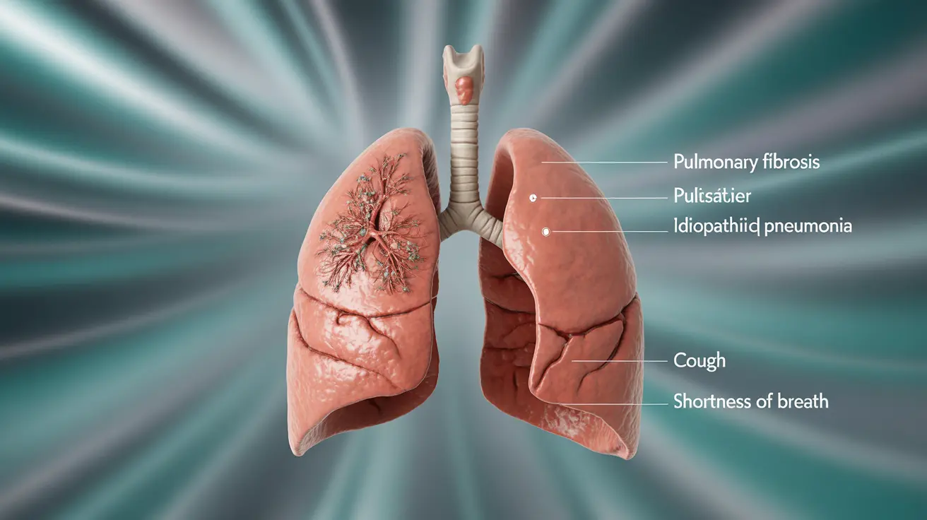Detailed illustration of human lungs showcasing the effects of interstitial lung disease with annotations for disease types and symptoms like cough and shortness of breath, in a clinical setting.