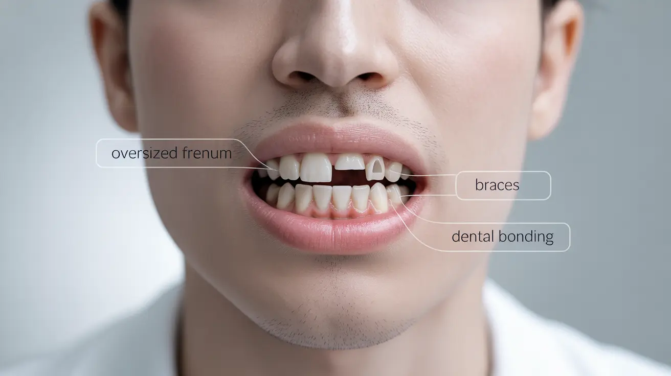 Detailed illustration of a human mouth with a noticeable gap (diastema) between upper front teeth, labeled with causes and treatment options.
