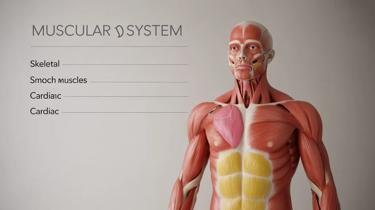 Detailed illustration showing the human muscular system with labeled skeletal, smooth, and cardiac muscles on a bright neutral background