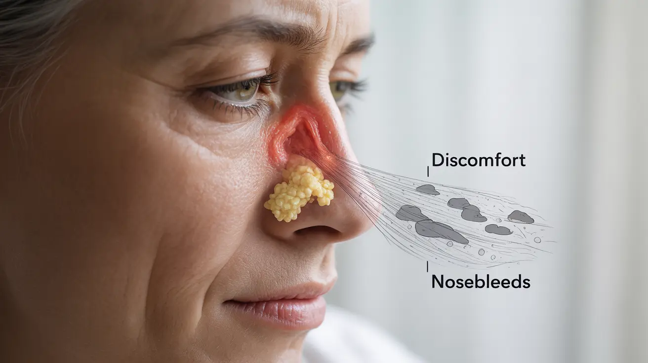 Detailed illustration of human nasal passages showing inflammation, mucus production, and symptoms like nosebleeds in a clinical style.