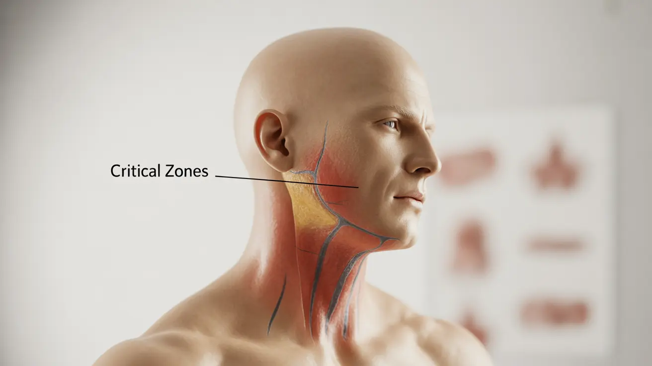 Detailed illustration, anatomical view of the human neck highlighting areas where cancer might cause pain, clean clinical background with soft lighting.