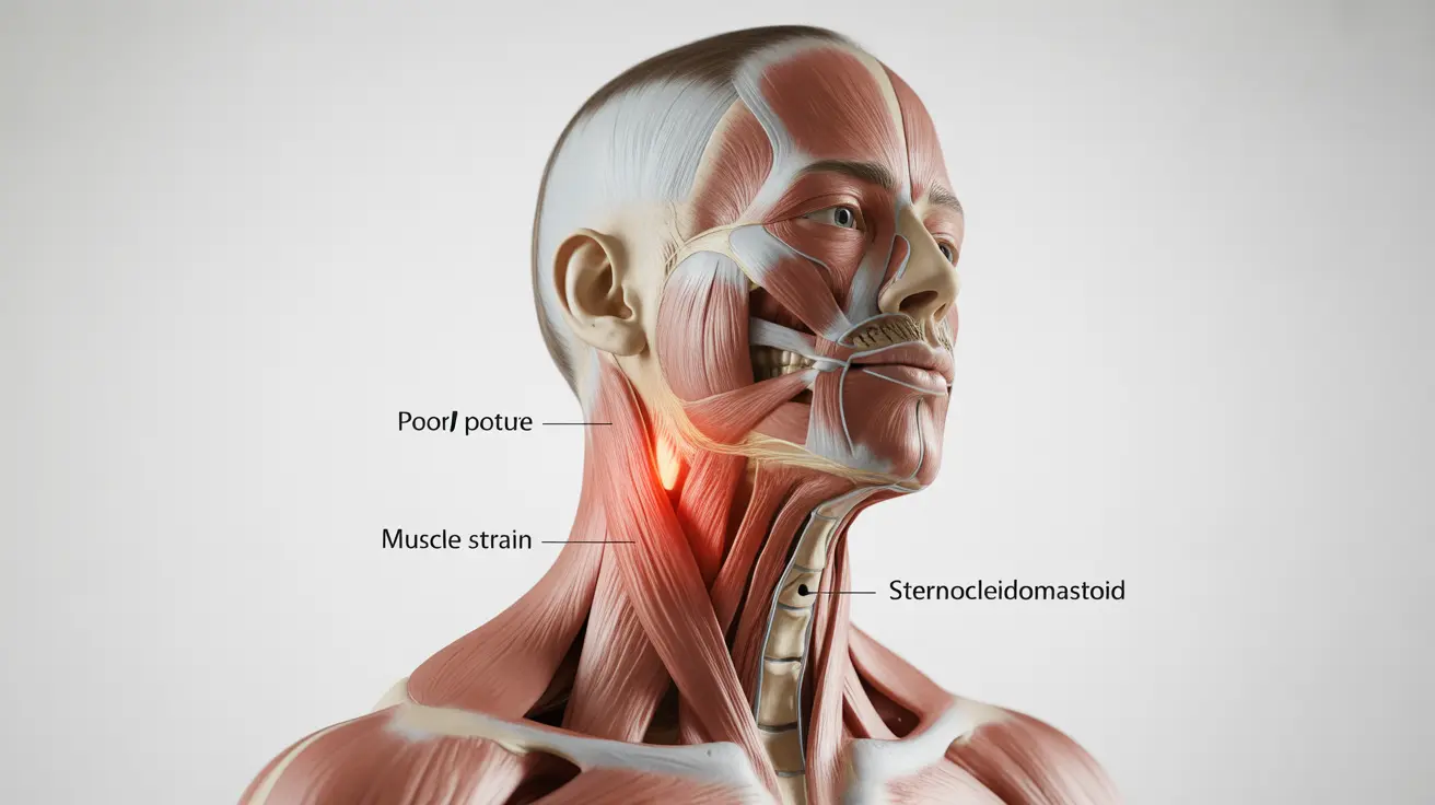 Detailed anatomical illustration of the human neck, showing areas of potential pain on the left side, with labels for muscles and cervical spine structure.