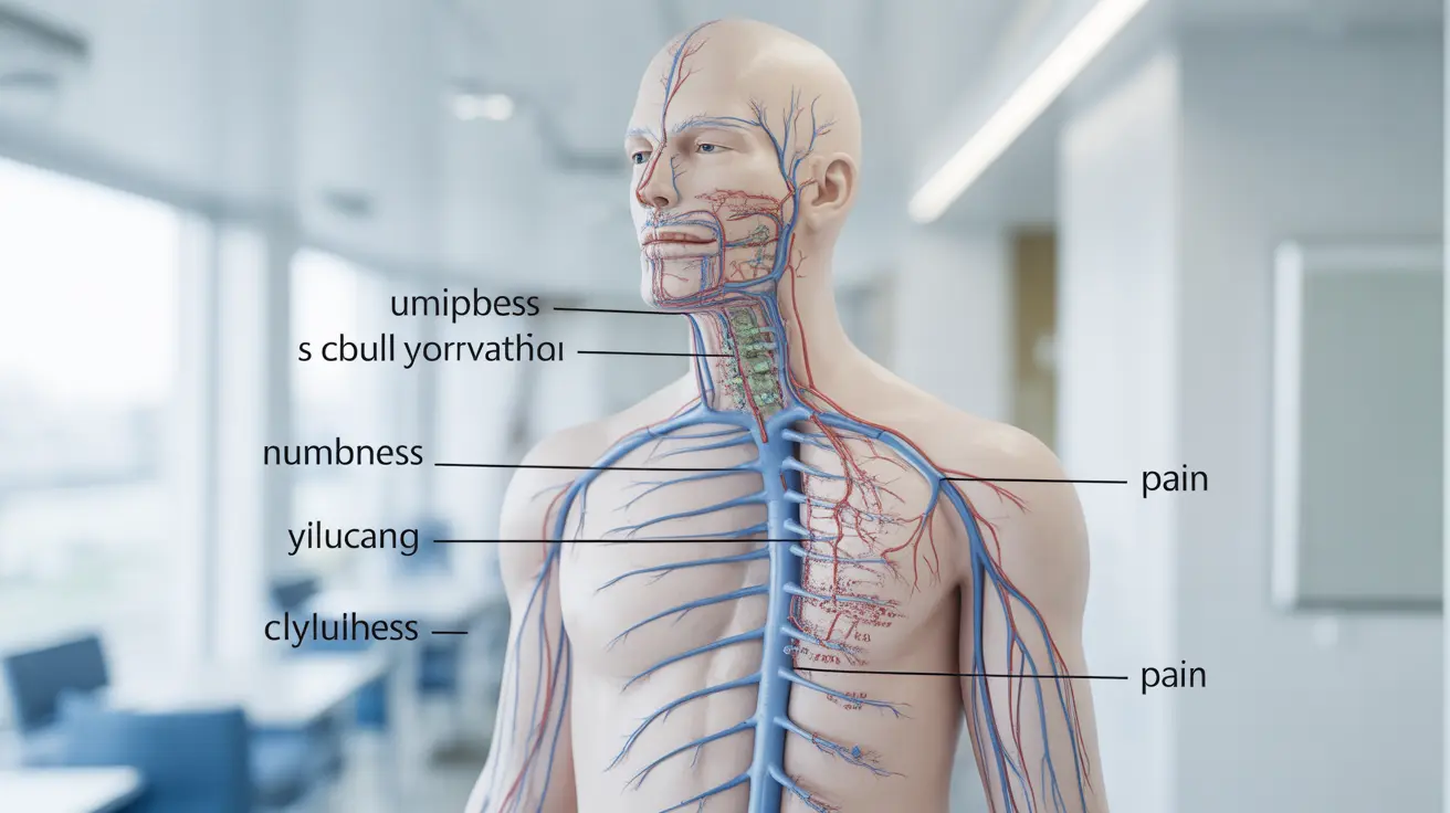 Detailed illustration showing the human nervous system highlighting areas affected by diabetic neuropathy, clear labels indicating symptoms like numbness and pain, in a clean clinical setting with a calm and informative atmosphere.