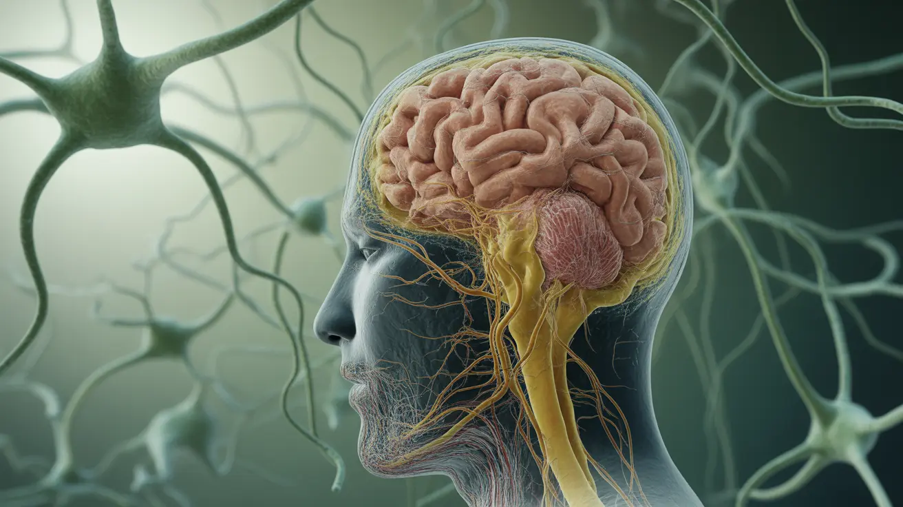 Detailed illustration of the human nervous system with highlighted areas affected by MOG antibody disease, soft blue and green tones