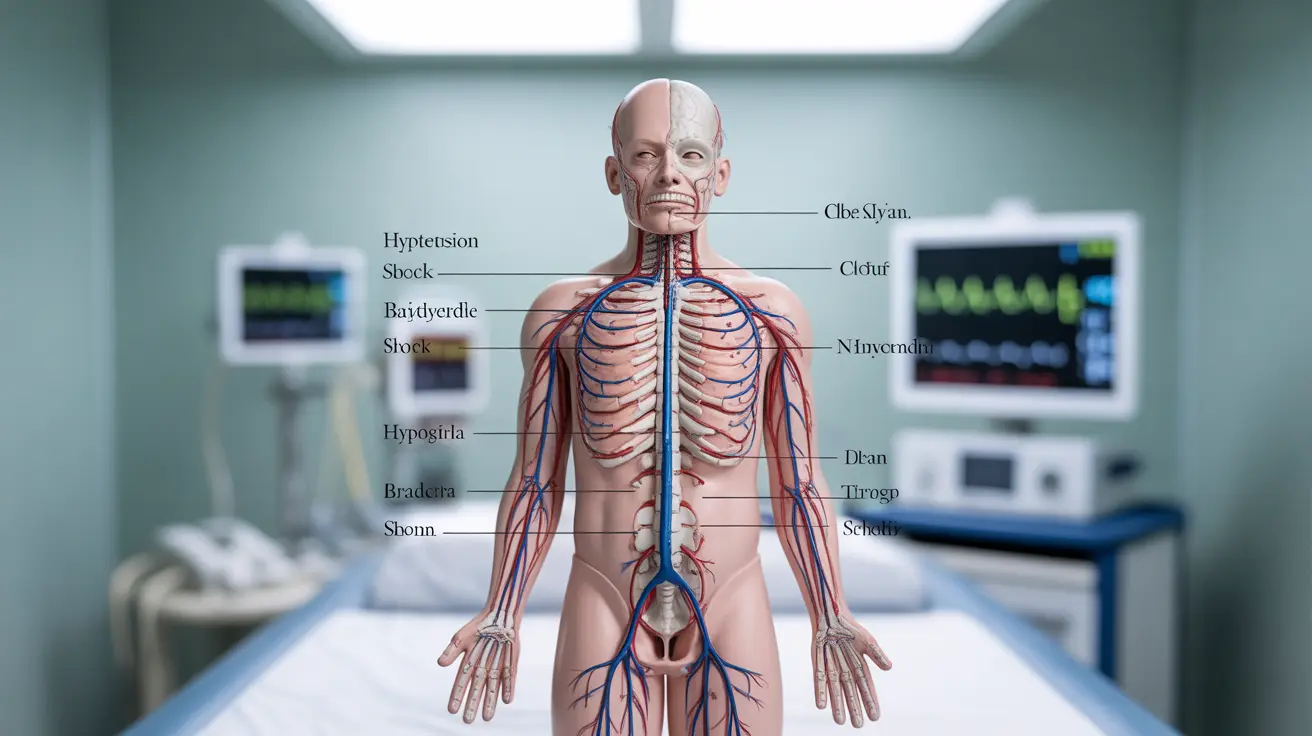 Illustration of the human nervous system highlighting the spinal cord with annotations for neurogenic shock symptoms like low blood pressure and slow heart rate, set in a clinical background.