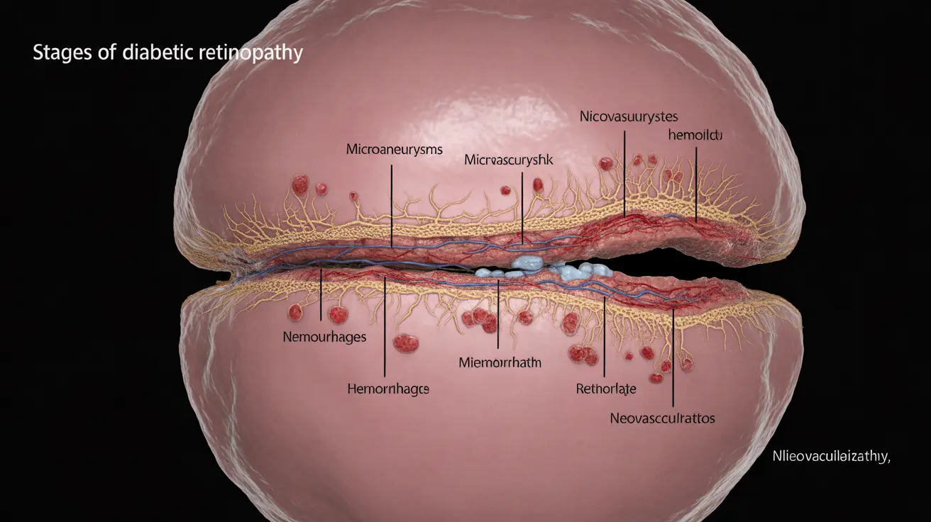 Detailed illustration of the human retina showing stages of diabetic retinopathy from nonproliferative to proliferative with labeled diagrams