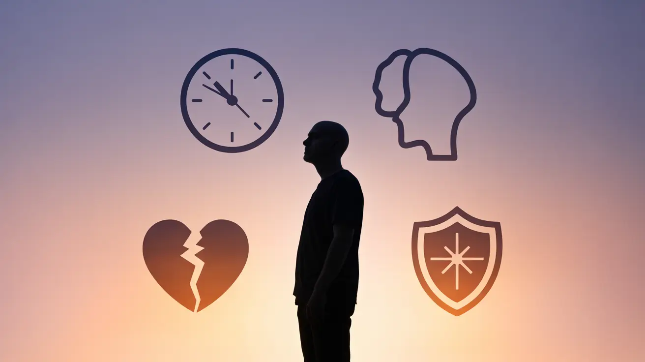 Detailed illustration of a human silhouette surrounded by icons representing sleep debt effects, conveying a calm and informative mood.