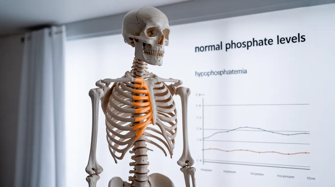 Detailed illustration of the human skeleton with highlighted phosphate-rich bones, and visuals indicating normal and hypophosphatemia phosphate levels
