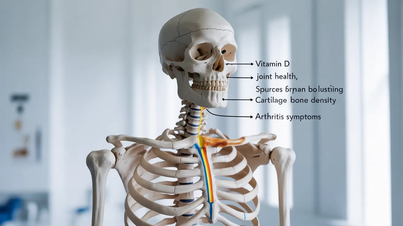 Detailed illustration of a human skeleton highlighting the bones and joints, showing the connection between vitamin D and joint health in a clinical background.