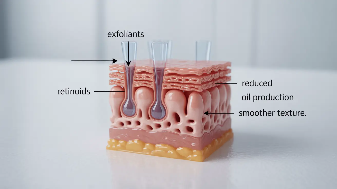Detailed illustration showing human skin pore structure and skincare treatments impact, labels for exfoliants and retinoids, on a white background