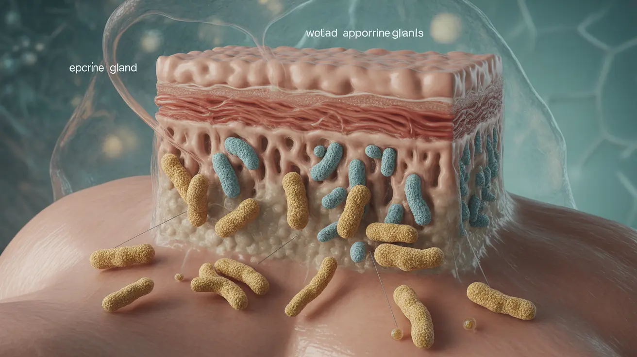 Illustration showing cross-section of skin with sweat glands and bacteria interaction causing vinegar-like odor, with scientific labels.