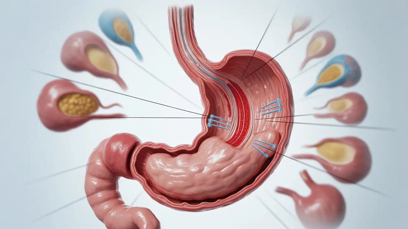 Detailed anatomical illustration of the human stomach showing expansion from empty to full capacity, labeled muscular walls and stretch receptors, digestive process elements, white background.