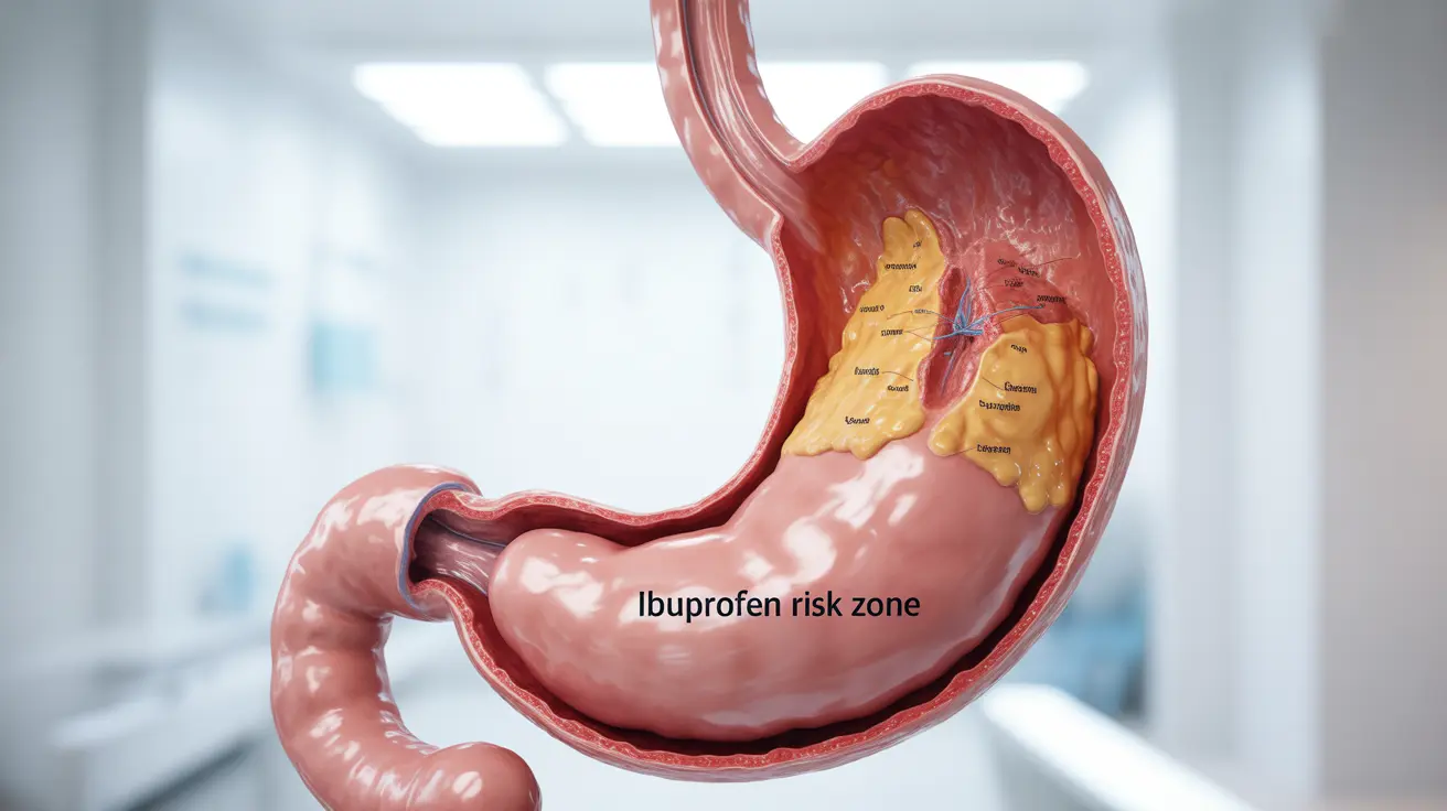 Detailed illustration of human stomach anatomy, highlighting protective lining and ulcer formation risk due to ibuprofen use, in a clean clinical background.