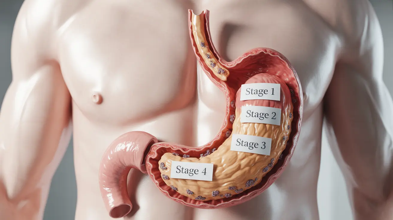 Detailed anatomical illustration of the human stomach, depicting various stages of cancer progression from Stage 1 to 4 with growth patterns, in bright clinical lighting.