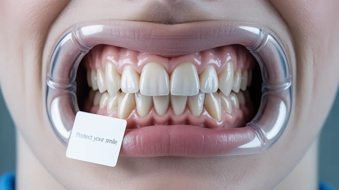 Illustration of human teeth with protective mouthguard in clinical setting, focusing on tongue biting prevention