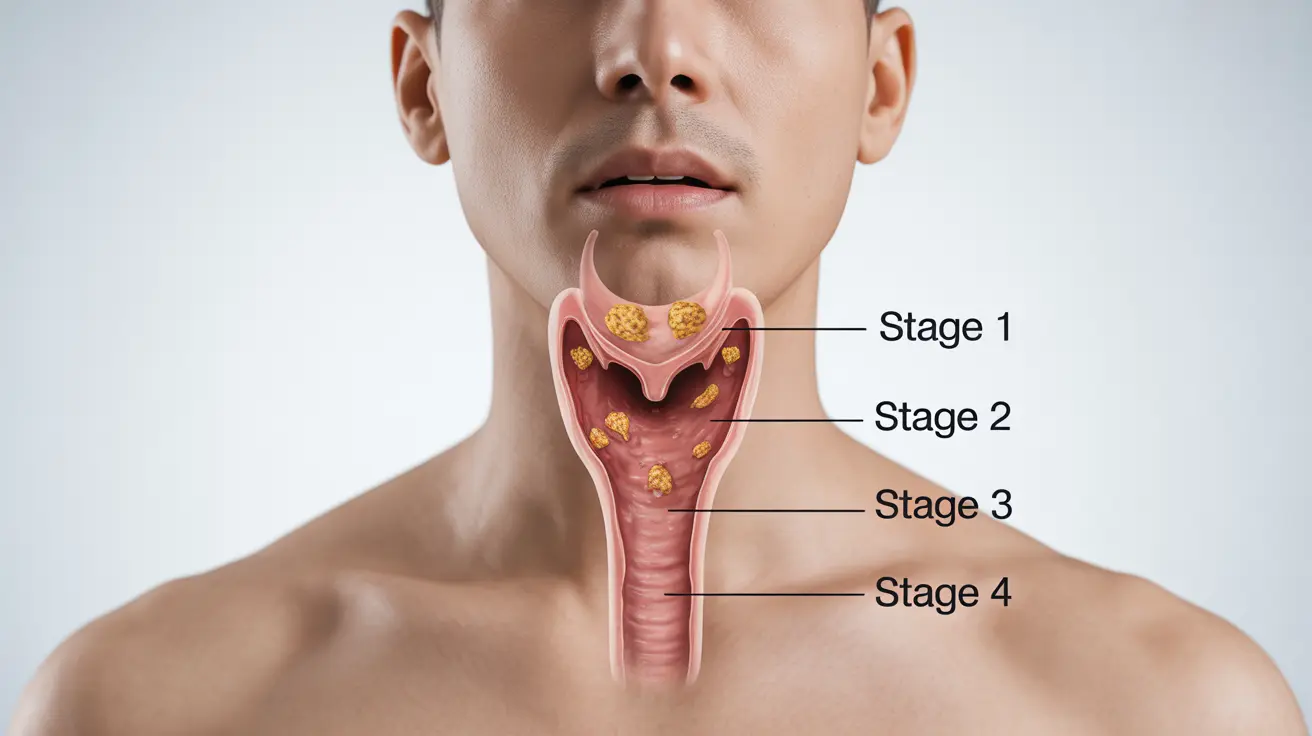 Detailed illustration of human throat anatomy depicting cancer stages from stage 1 to stage 4, clean white background, clear labels
