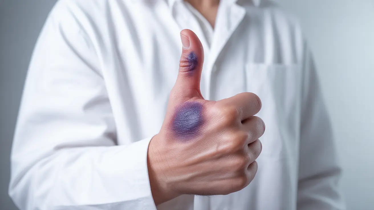 Detailed illustration of the human thumb showing signs of swelling and injury, including bruising and inflammation, clean clinical background.
