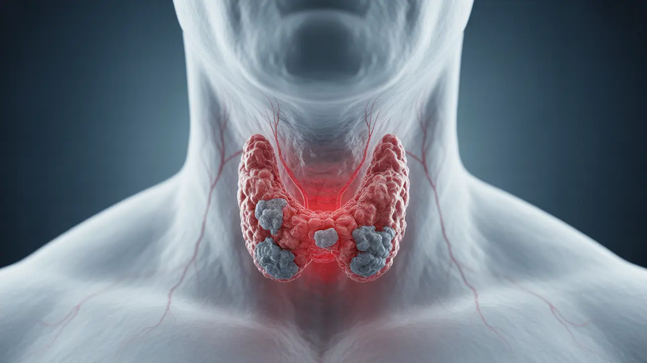 Detailed illustration of the human thyroid gland with visual indicators showing stomach pain, burning throat, and breathing difficulties.