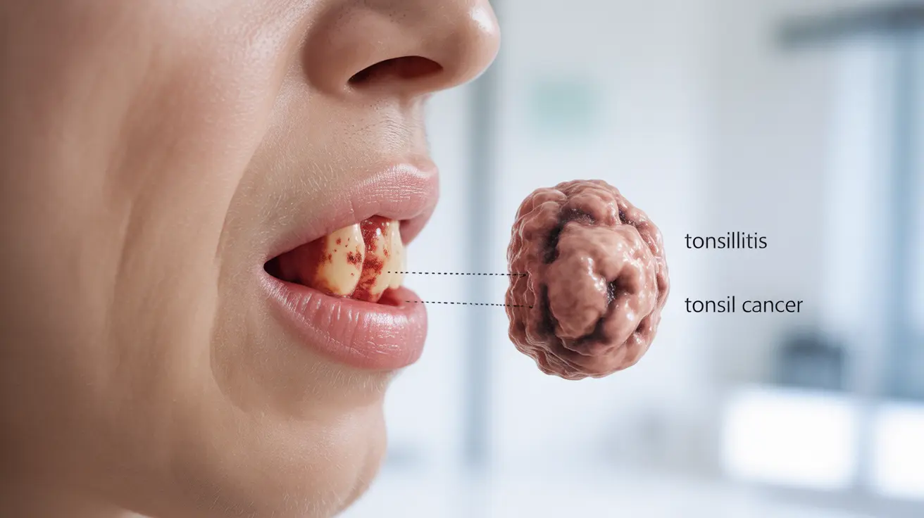 Detailed illustration of human tonsils, showing swollen and red tonsils with white patches for tonsillitis on one side and one-sided enlarged tonsil with malignant characteristics for tonsil cancer on the other.