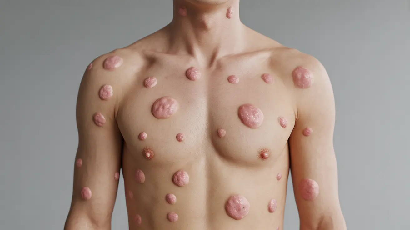 Detailed illustration of a human torso showing numerous raised itchy welts (hives) on the skin, with a neutral clinical background