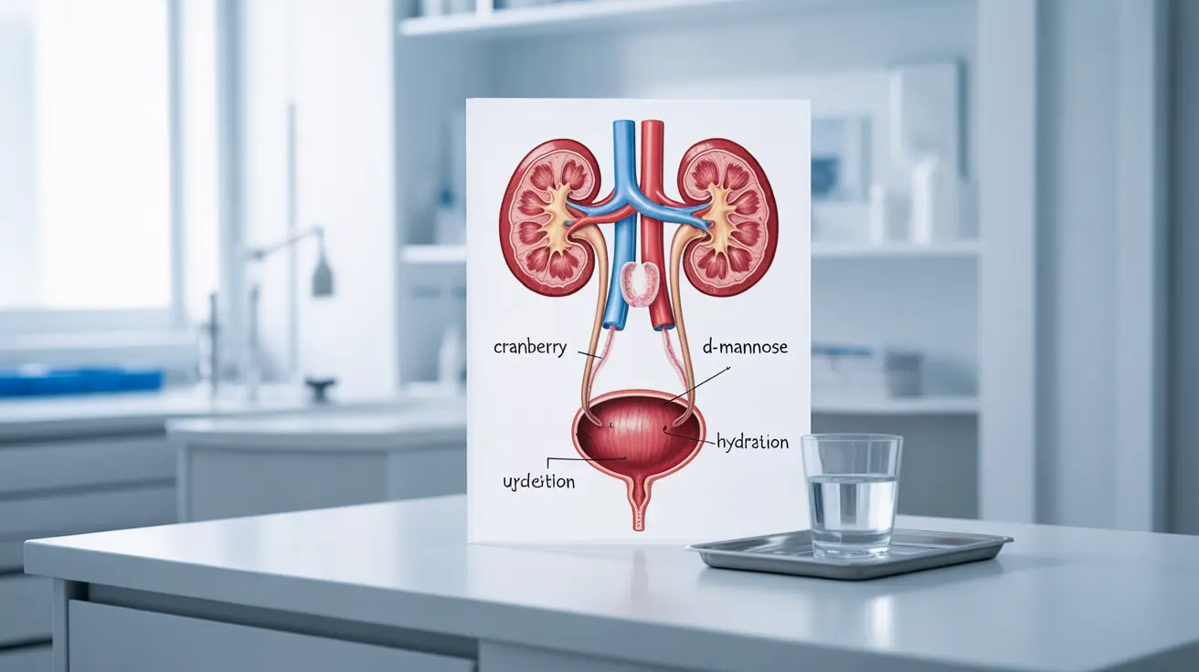 Detailed illustration of the human urinary tract system, highlighting natural remedies like cranberry, D-mannose, and hydration tips in a clean clinical setting.