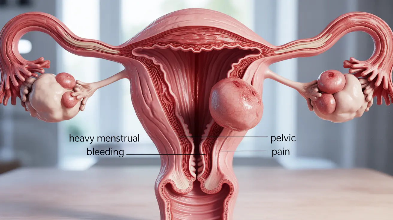 Detailed illustration of the human uterus with uterine fibroids, highlighting their location and size, surrounded by informative labels about symptoms.