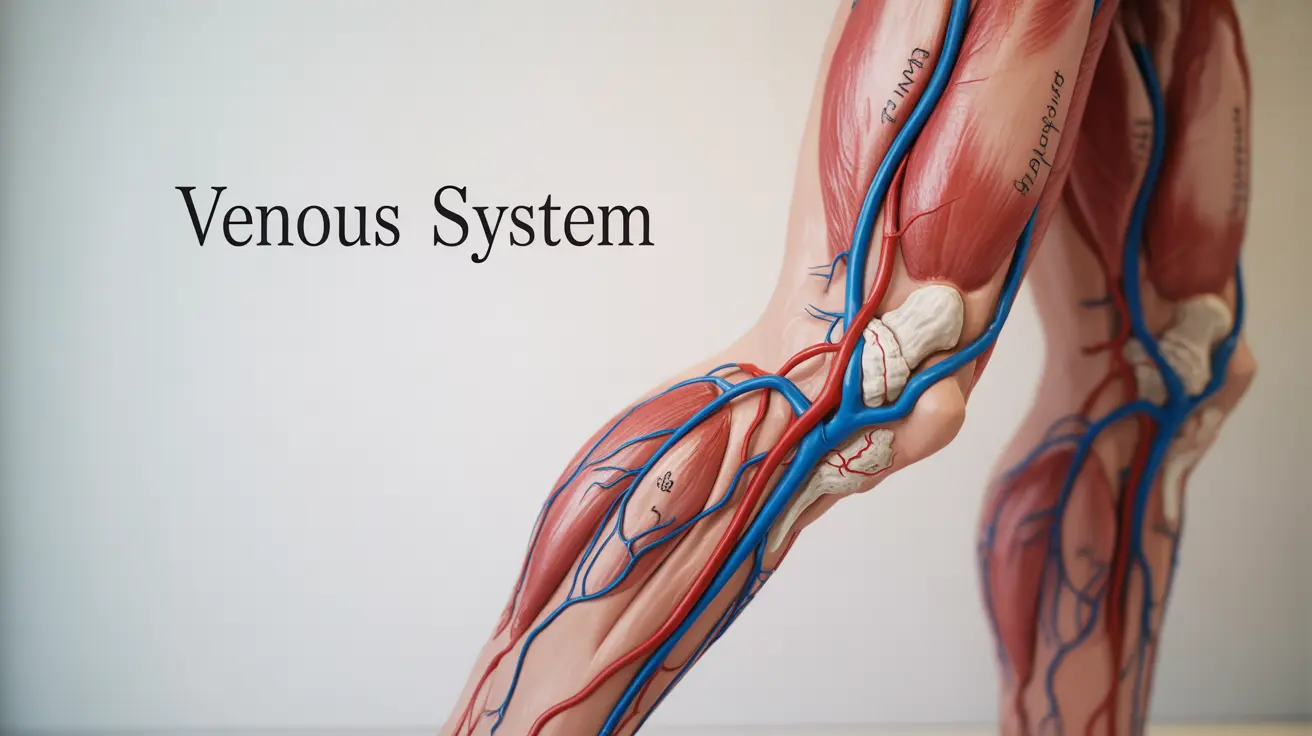 Detailed anatomical illustration showing the human venous system, focusing on veins in the legs, blood flow arrows, labeled valves, and muscle pumps in clinical colors.