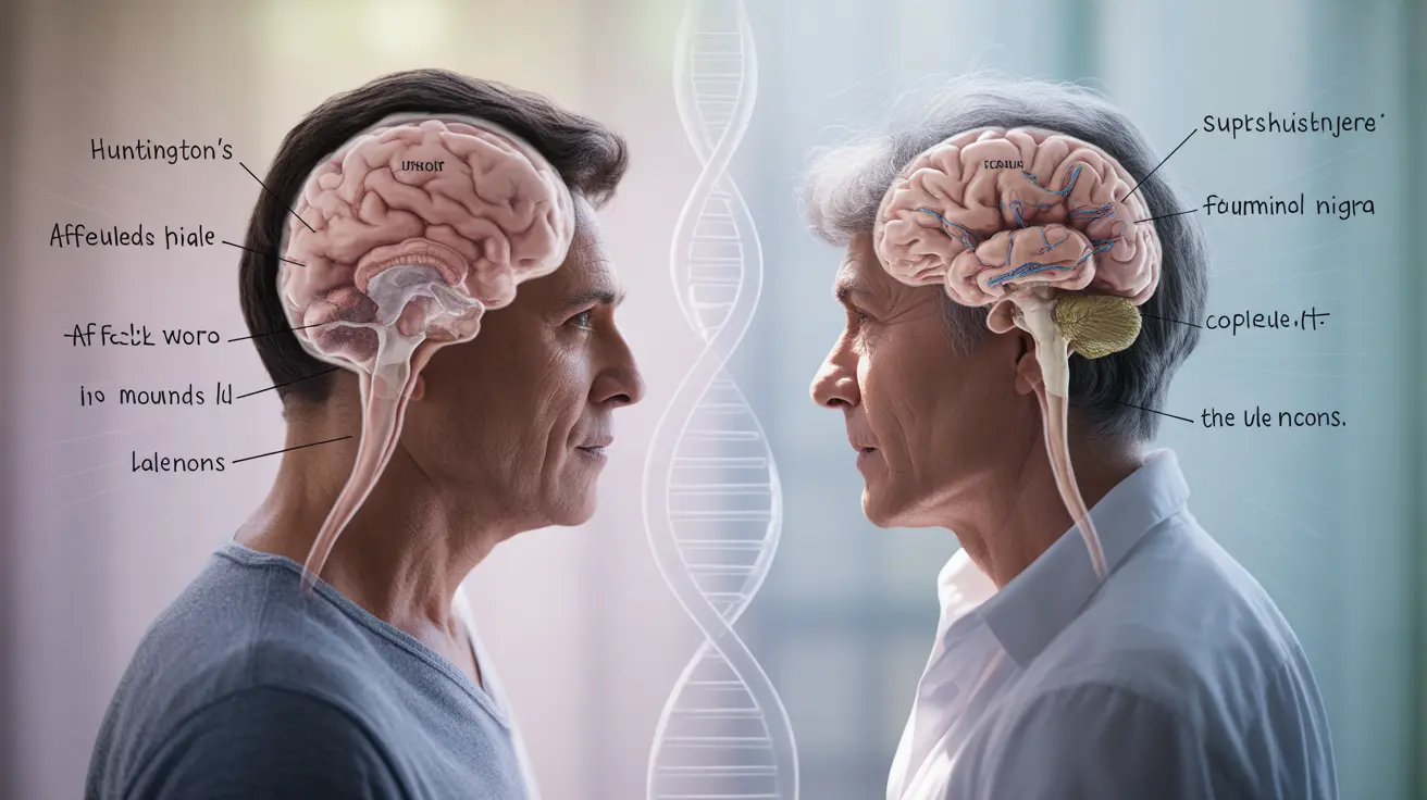 Split-screen illustration of Huntington's and Parkinson's symptoms and genetic factors with labels and annotations