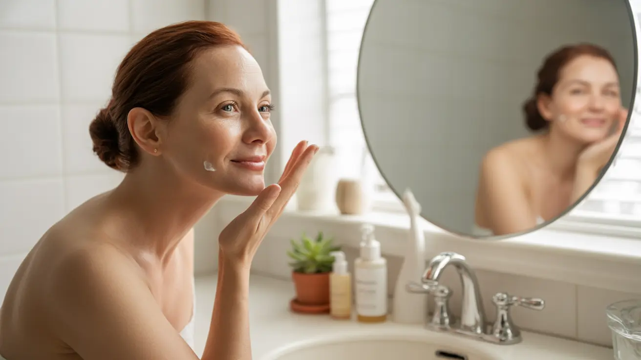 Middle-aged person applying hydrating serum in a natural daylight setting with skincare products