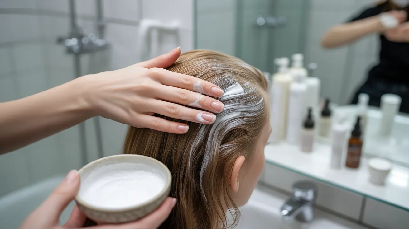 Close-up of a person's hand applying a mixture of hydrogen peroxide and baking soda to their hair in a bright bathroom with hair products in the background.
