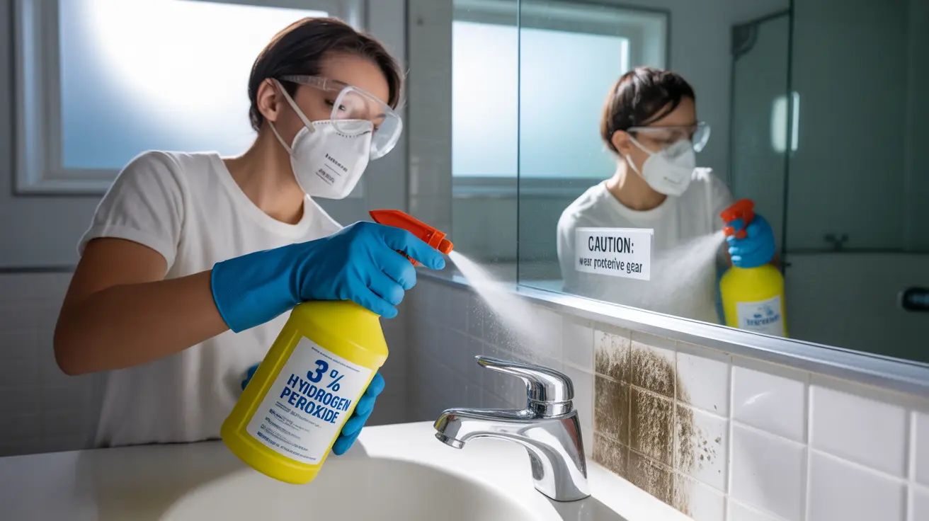 Person wearing gloves and a mask spraying 3% hydrogen peroxide on moldy tiles in a bright bathroom setting