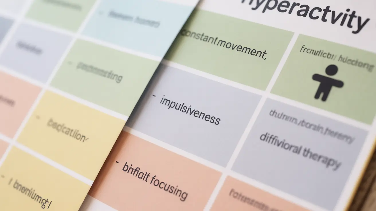 Infographic illustrating symptoms of hyperactivity in children and adults, with treatment options, set against a soft pastel background.