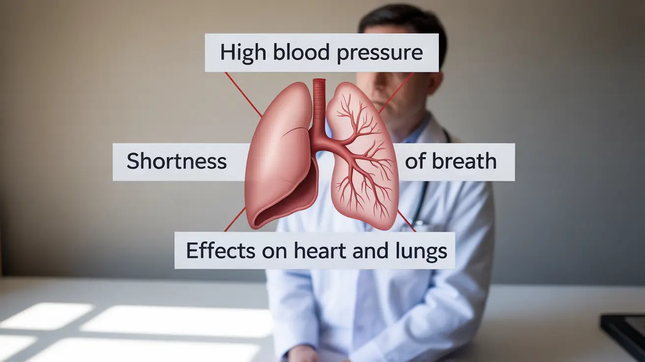 Detailed illustration with labels of hypertensive crisis, showing high blood pressure and shortness of breath effects on heart and lungs
