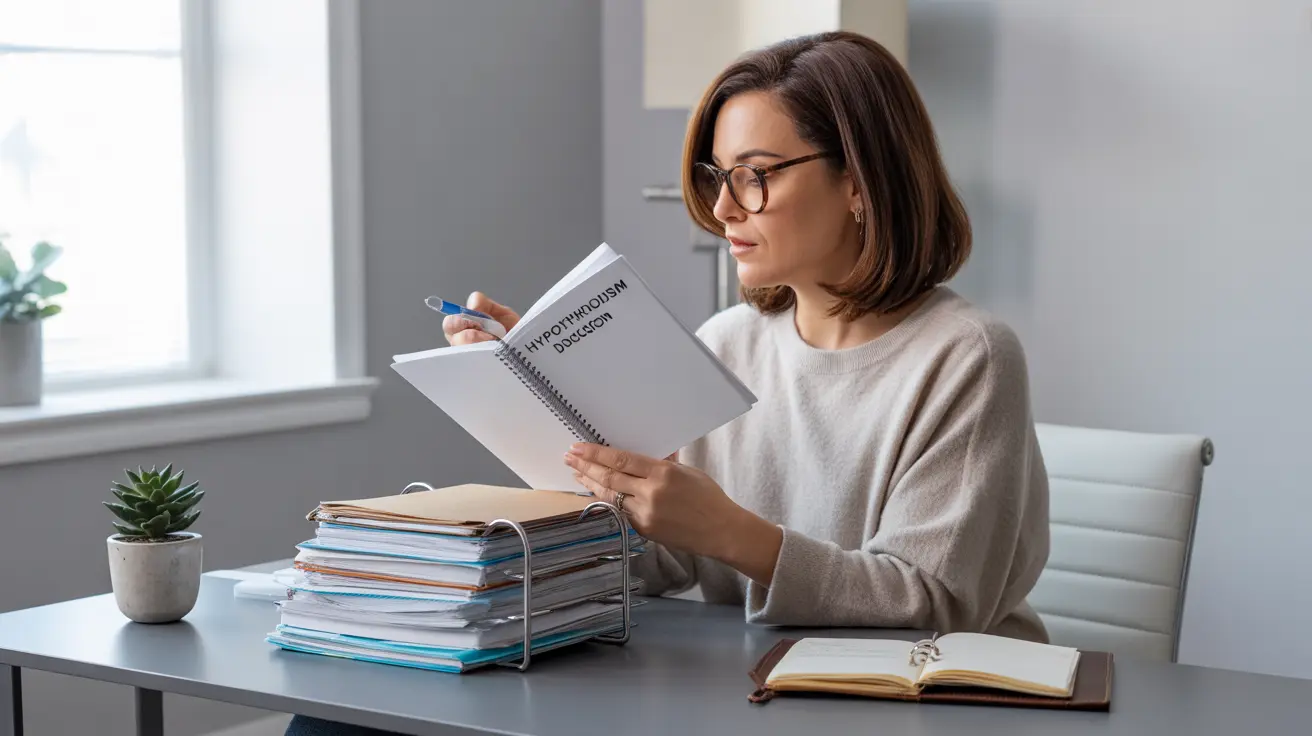 Person at a desk in home office organizing medical documents about hypothyroidism with a notebook and files