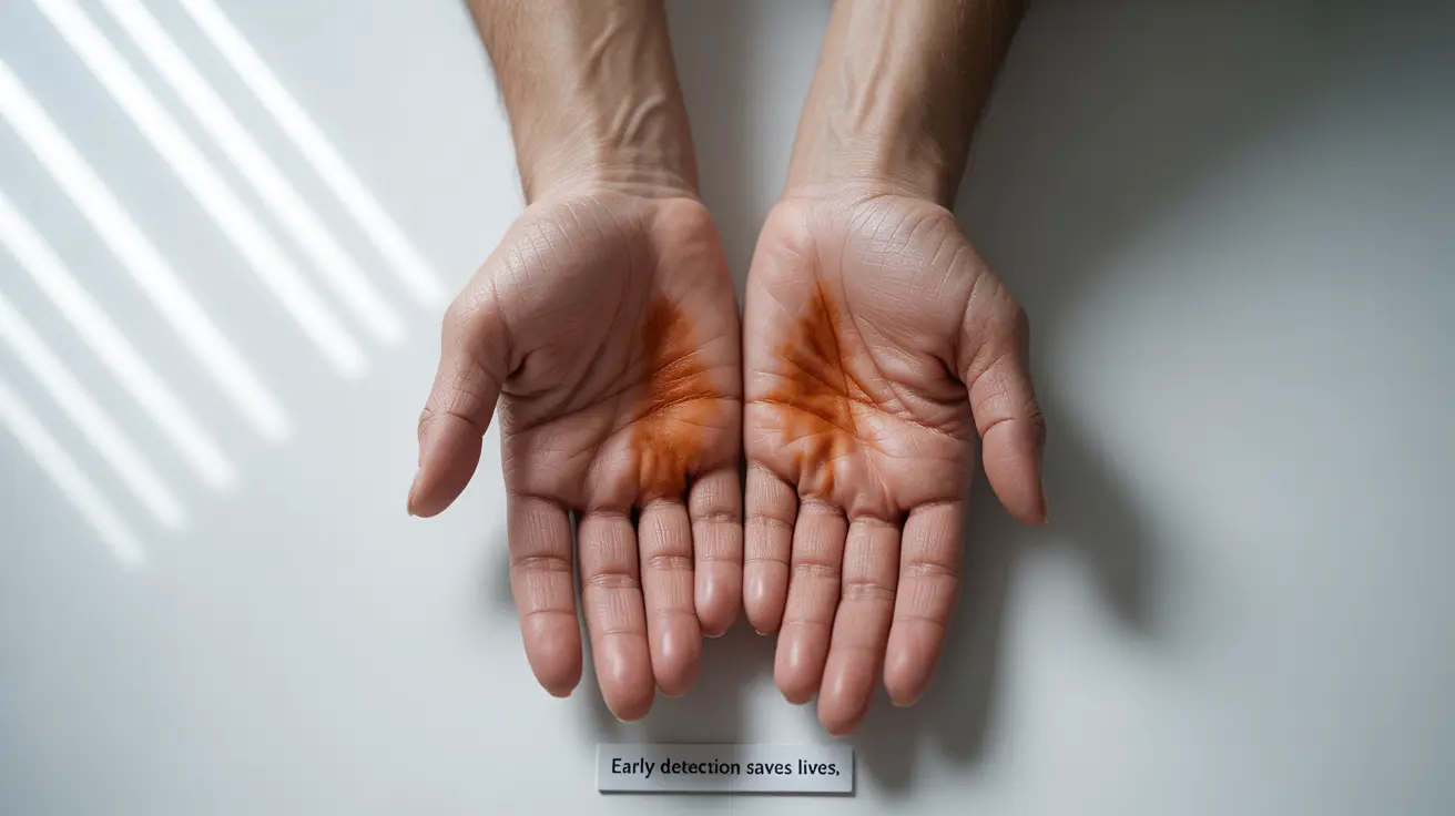 Detailed illustration of human hands exhibiting symptoms of hypothyroidism, including rust-colored stains and swelling, set against a neutral clinical backdrop with bright lighting.