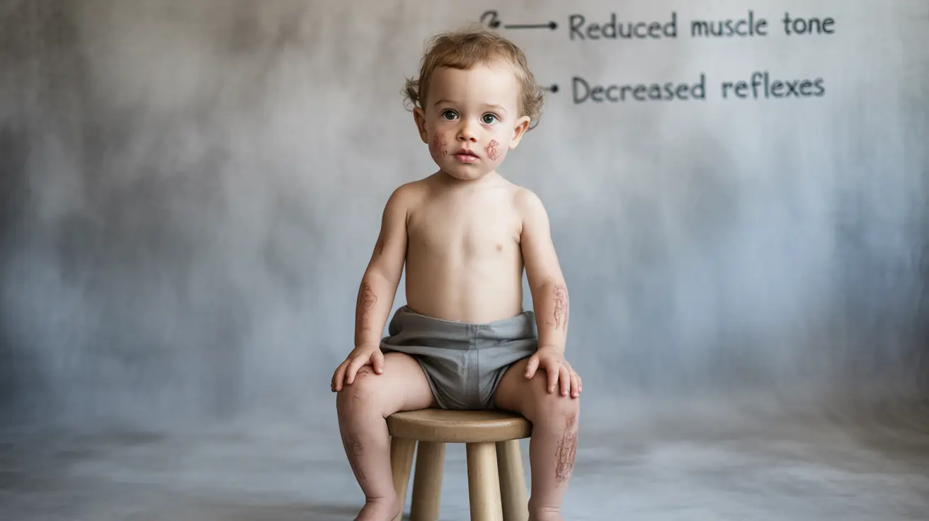 Illustration of young child with highlighted muscles showing hypotonia symptoms like floppy limbs and poor posture