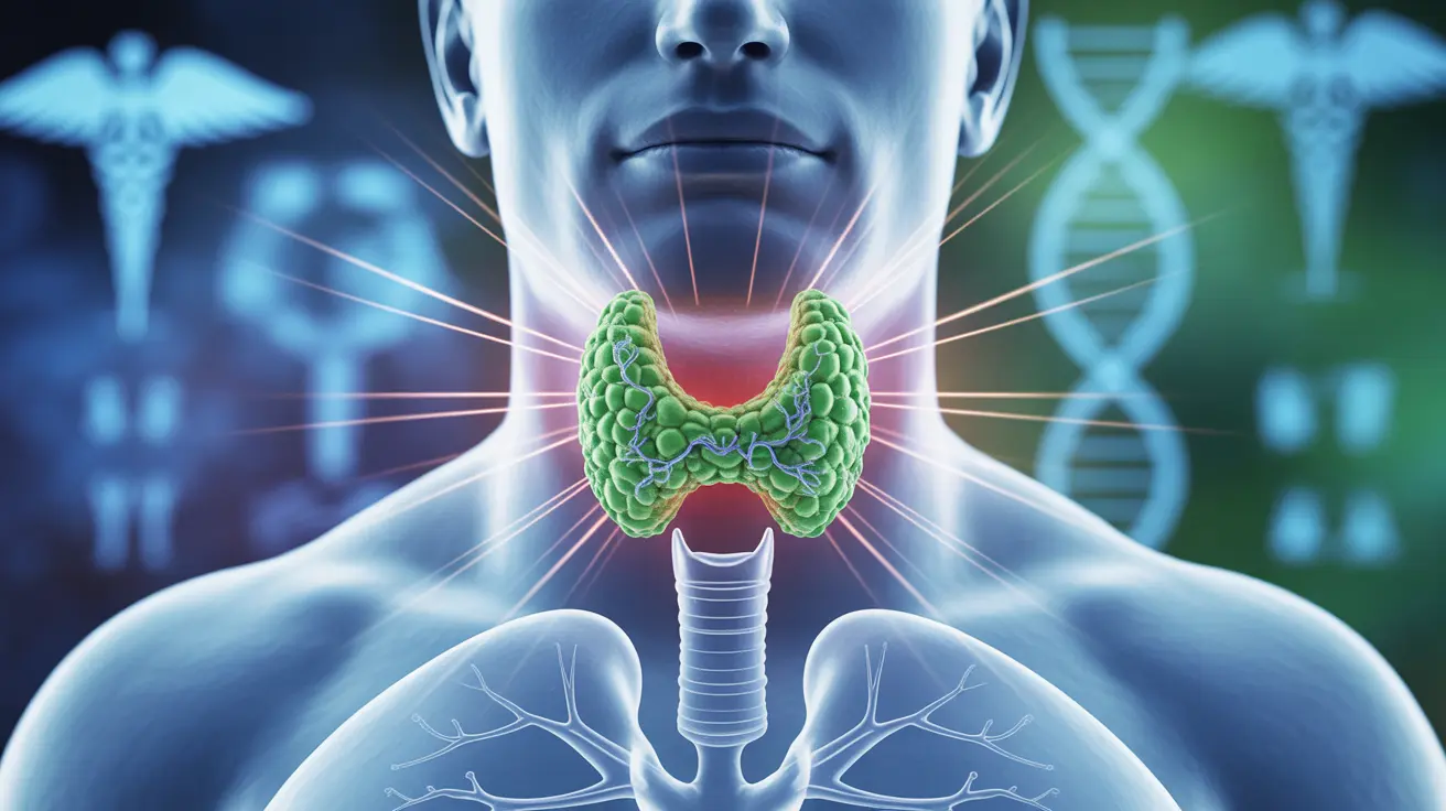 Illustration of iatrogenic hyperthyroidism process, showing excess thyroid hormones with medical symbols and body symptoms labeled, using blue and green hues
