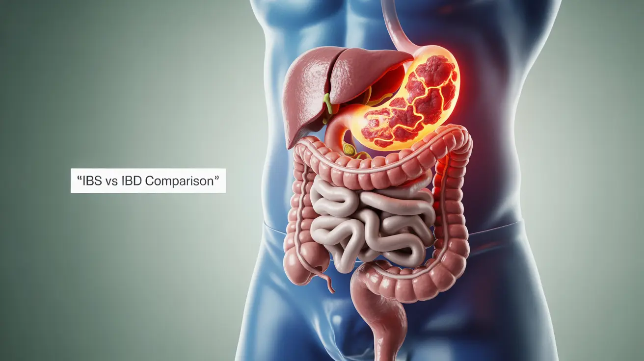 Illustration comparing human digestive system with IBS and IBD, highlighting inflammation differences, medical backdrop