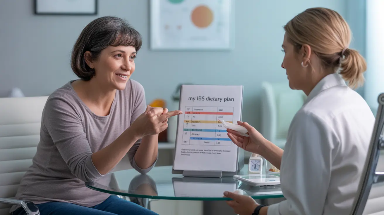 Patient discussing dietary plans with registered dietitian in professional office, nutrition charts visible